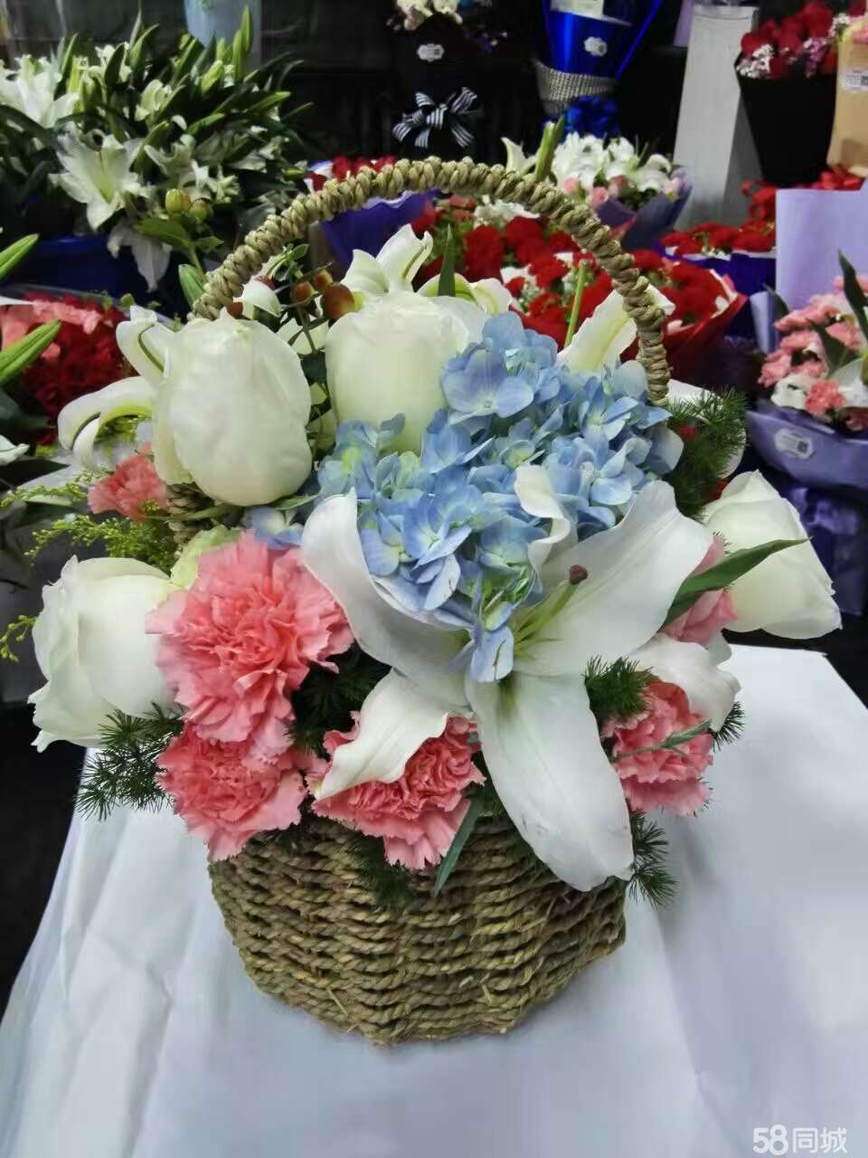 鲜花，各种花束，开业蓝，绿植盆栽
